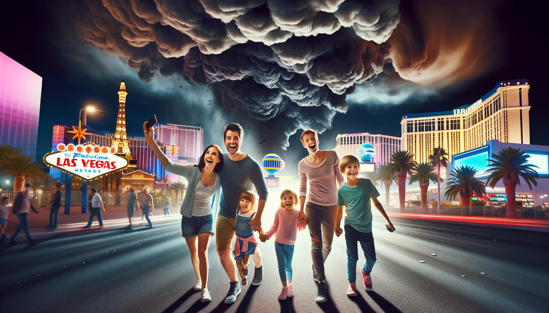 Problems in Las Vegas - a family walks along the Vegas Strip, happily unaware of the storm clouds behind them.