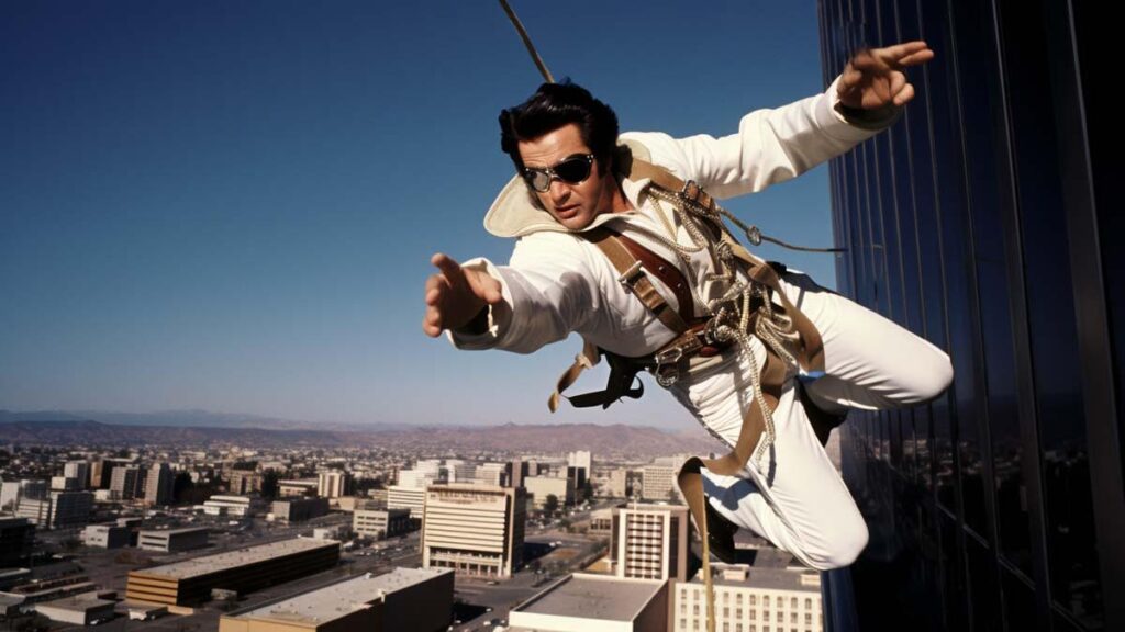 Elvis or an Elvis lookalike jumping from a hotel in Las Vegas, wearing a safety harness