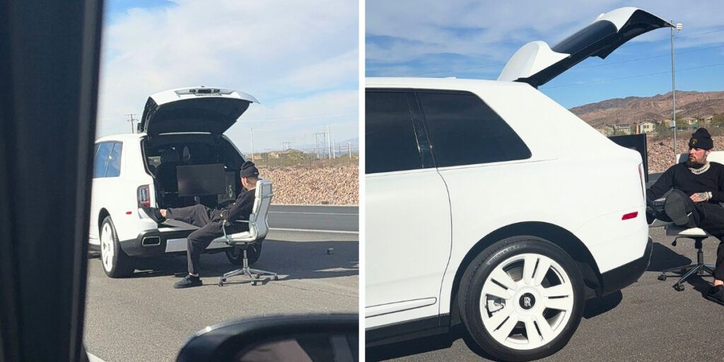 Anthony Alvarenga making a stock market trade on the side of a Las Vegas freeway. 