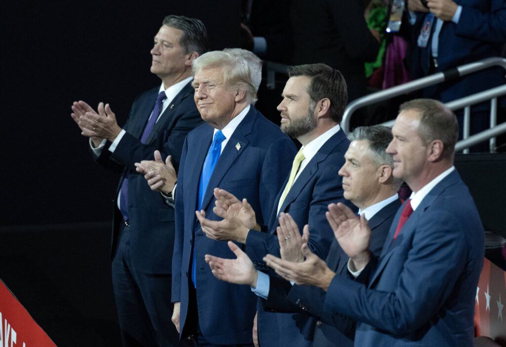 Former United States President Donald J Trump arrives during Day 2 of the 2024 Republican National Convention at the Fiserv Forum in Milwaukee, Wisconsin.