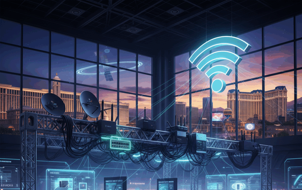Visualizing high‑density event connectivity — where thousands of devices compete for limited wireless bandwidth under heavy infrastructure.