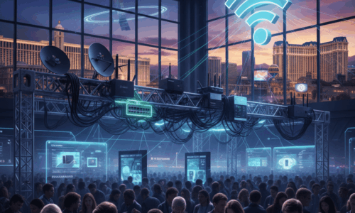 Visualizing high‑density event connectivity — where thousands of devices compete for limited wireless bandwidth under heavy infrastructure.